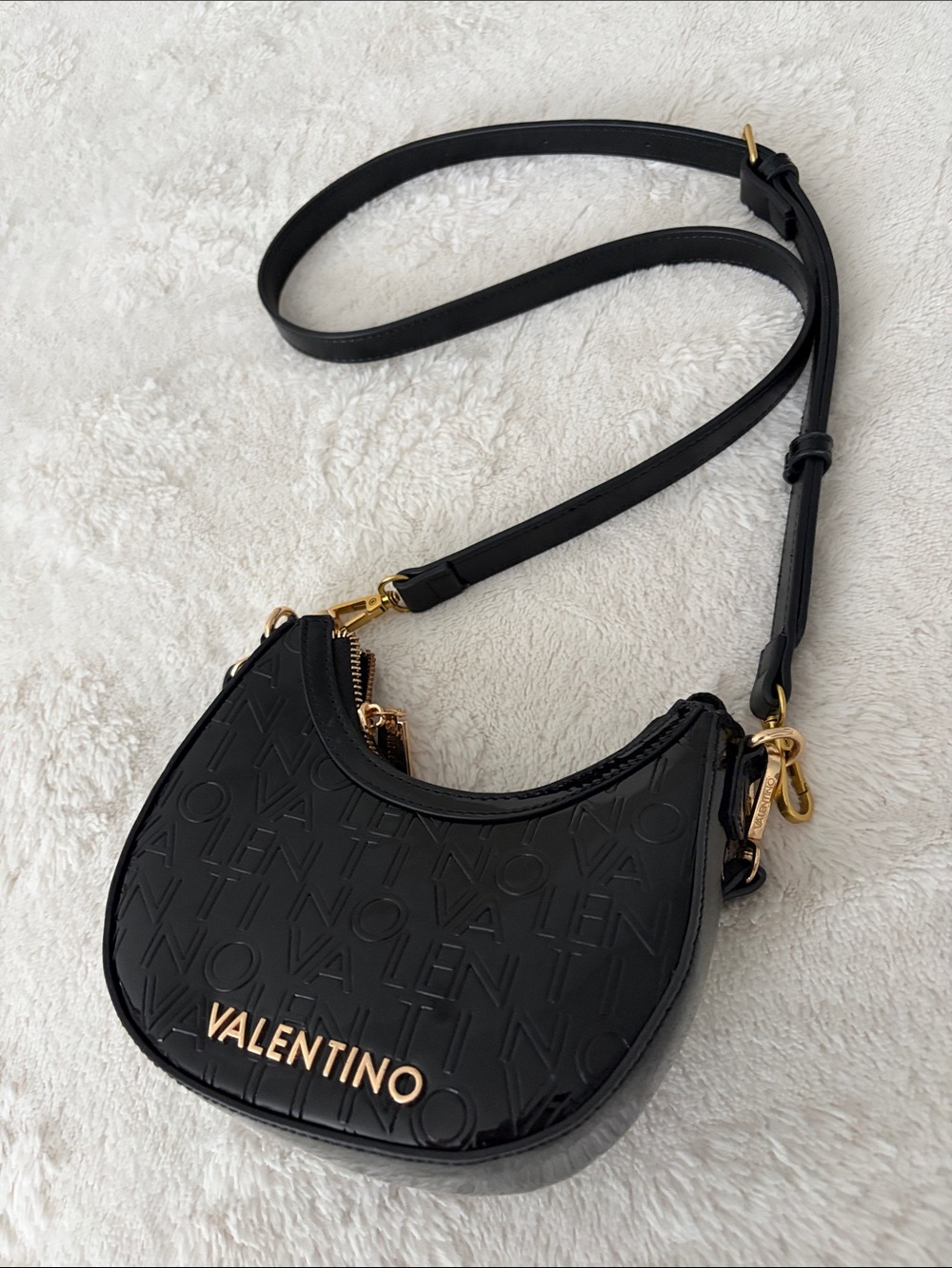 Mario Valentino Black Patent Embossed Logo Mini Shoulder Bag with Gold Hardware